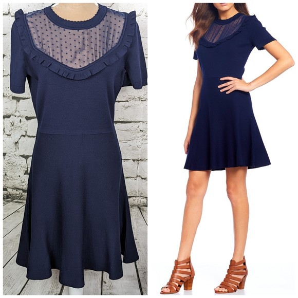 Draper James Navy Blue Dress with Sheer Polka Dot Detail - Picture 1 of 8